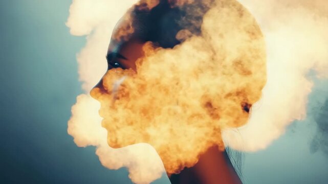 Silhouette of woman with artistic fire and smoke effect on head