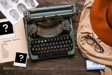 Composition with retro typewriter, criminal files and clothes on wooden background