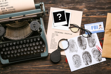 Composition with retro typewriter, criminal files and document of FBI agent on dark wooden...
