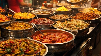 Obraz premium Colorful Variety of Dishes Displayed at a Bustling Food Market