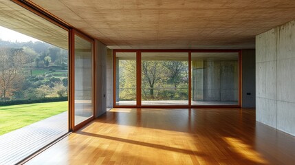 Modern concrete house, panoramic view, empty room, sunlight, wooden floor