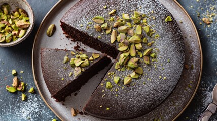 Warm chocolate cake garnished with crushed pistachios, inviting for shared enjoyment at a gathering.