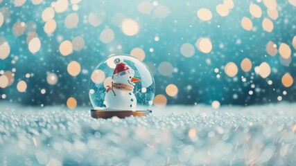 A charming snow globe showcases a snowman while snow falls gently in a vibrant winter setting filled with sparkling lights. - Powered by Adobe