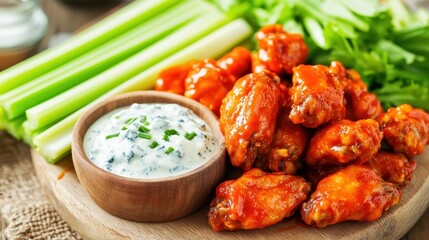 Fototapeta premium Delicious Spicy Chicken Wings with Celery and Blue Cheese Dip