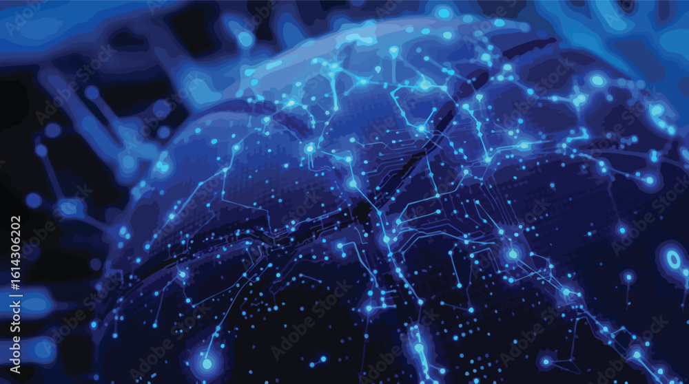 Poster abstract blue glowing globe representing global communication and data connections.
