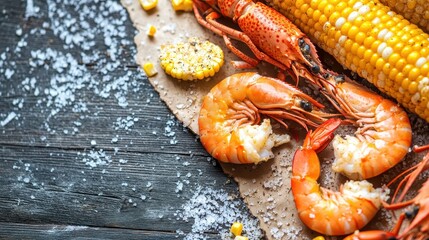 Fresh Seafood Platter with Shrimp and Corn on Rustic Wood Table