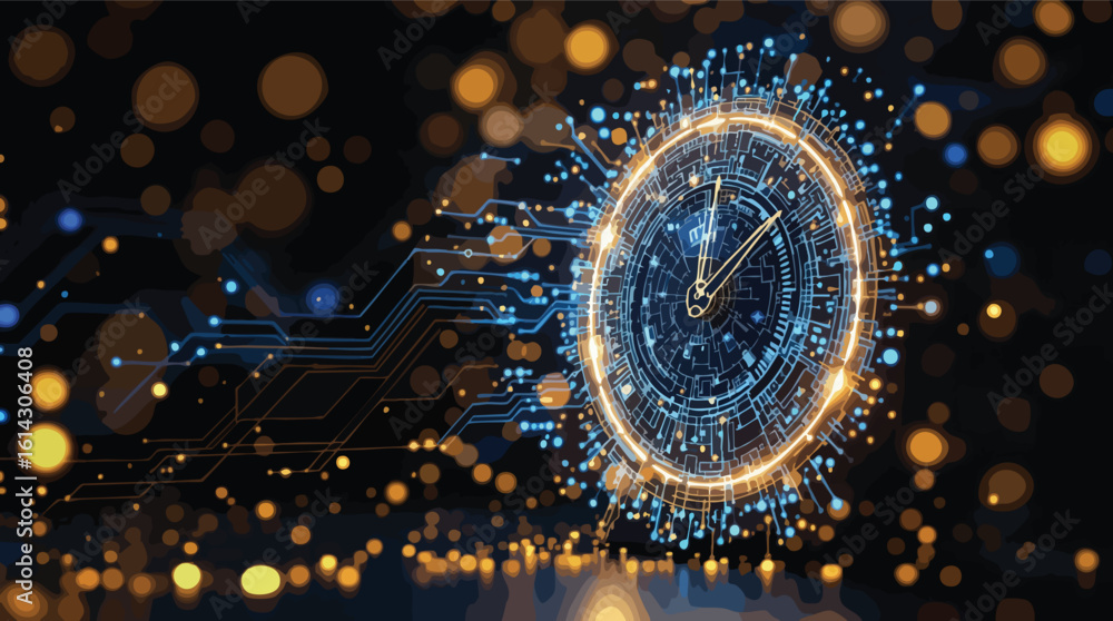 Poster abstract digital clock representing time technology future innovation data circuits.