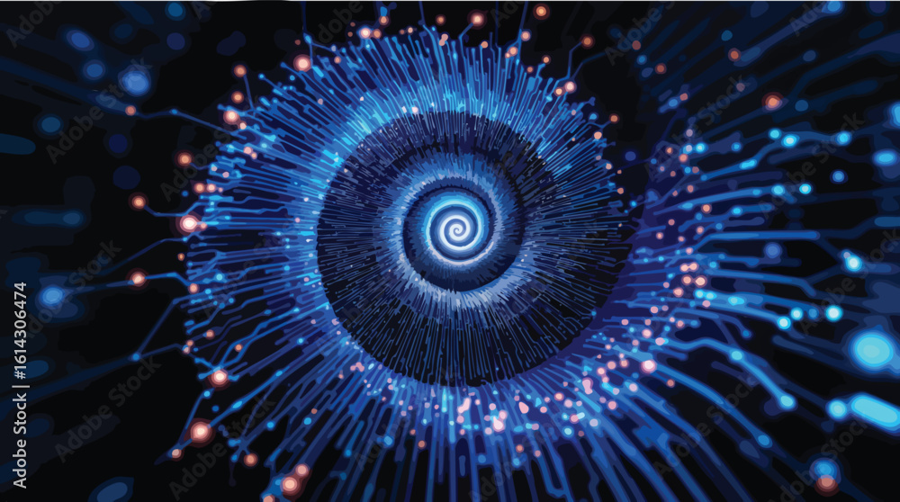 Poster abstract digital spiral design representing data flow and technological innovation in a futuristic w