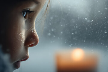 childs eyes sparkle with warm glow of candlelight reflecting hope and innocence