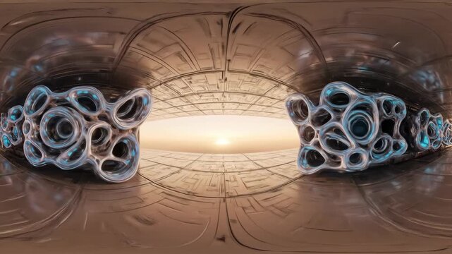Abstract metallic technology background with geometric structure, science and 360 view. Conceptual design, futuristic science, technology, space, abstract.