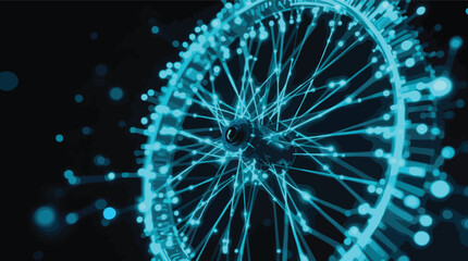 Abstract glowing blue bicycle wheel depicting technological connectivity on dark background.