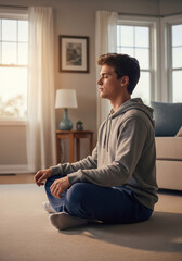 A young person finds peace and serenity while practicing mindfulness meditation in their sunlit living room, focusing on mental wellness and stress relief.