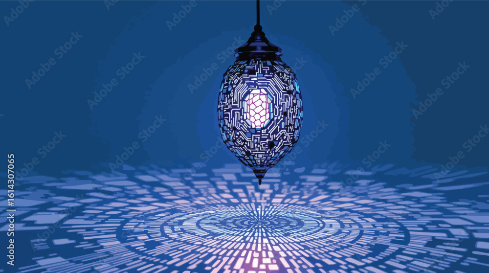 Poster artistic digital lamp casting unique circuit board pattern on the blue surface.