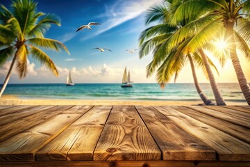 Tranquil Seaside Vista with Wooden Deck Sunlit Palms, Calm Ocean, and Sailboats in the Distance