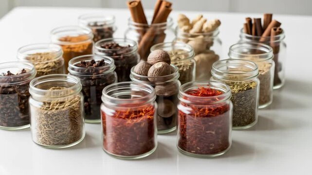 Assortment of spices in glass jars, cinnamon, cloves, saffron, food ingredients