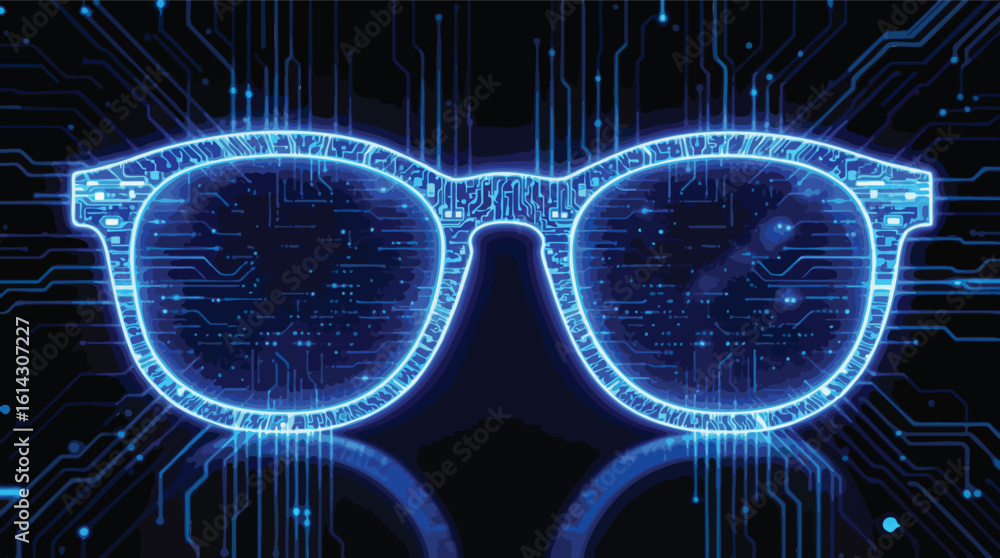 Poster conceptual illustration of augmented reality glasses representing data and technological innovation.