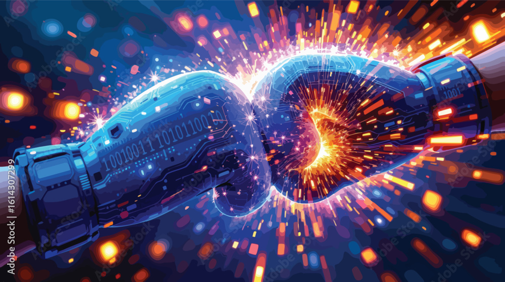 Poster conceptual illustration of digital technology and binary code represented in boxing gloves colliding