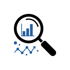 Magnifying glass over bar chart and line graph indicating data analysis.