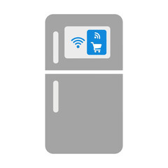 Gray refrigerator with screen showing wifi and shopping cart icons isolated.