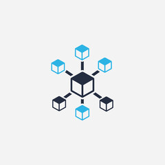 Network of cubes connected by lines on a white background.