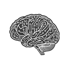 Stylized brain illustration with circuit board pattern isolated on white background.