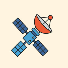 Cartoon satellite with solar panels and antenna against a light background.