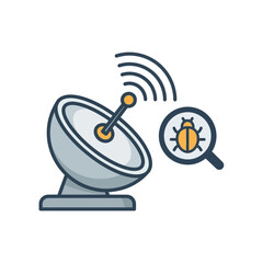 Satellite dish sending signals with bug under magnifying glass icon.