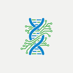 Blue dna strand with green circuit board elements on a light background.