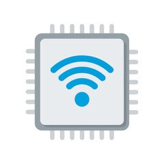 Blue wifi symbol on a square chip with pins on a white background.