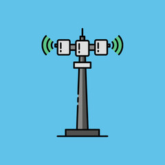 Illustration of a gray communication tower with signals on a blue background.