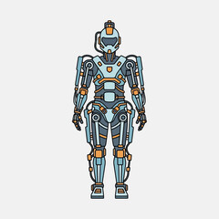 Futuristic robot or cyborg figure stands on a white background.