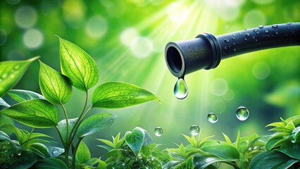 A single drop of water from a pipe nourishes vibrant green leaves, symbolizing the life-giving essence of hydration and the delicate balance of nature's ecosystems.