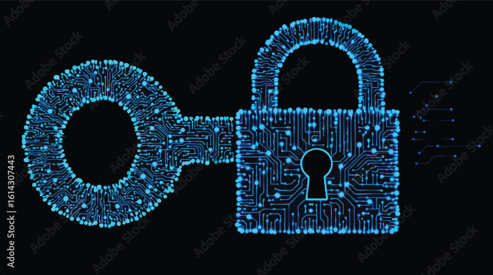 Poster cyber security concept featuring circuit board key unlocking a digital padlock.