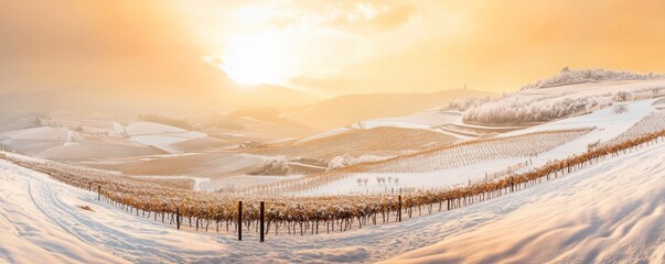 Winter's embrace, A golden sunset illuminates snow-covered vineyards creating an idyllic winter wonderland scene