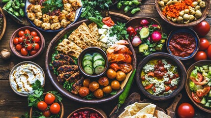 Fototapeta premium Colorful Vegetarian Feast on Wooden Table with Fresh Ingredients