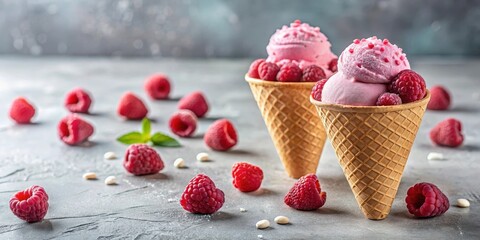 Delightful Raspberry Ice Cream Cones with Fresh Berries on a Textured Surface
