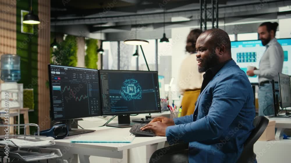 Poster african american technician studies ai financial forecast development with neural networks systems o