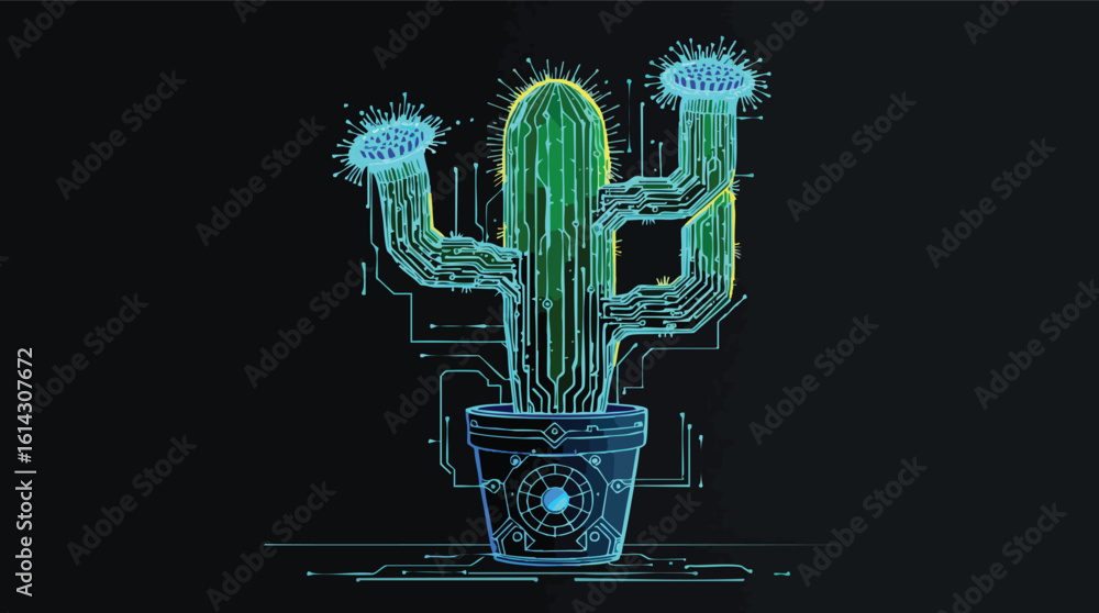Poster digital circuitry cactus illustration in a pot displaying futuristic technology and artificial intel
