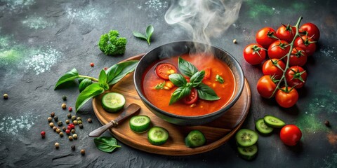 Aromatic Steaming Bowl of Vibrant Red Tomato Soup Garnished with Fresh Basil and Cucumber Slices, Served with a Side of Cherry Tomatoes and Peppercorns on a Dark Background