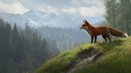 Elegant fox standing proudly atop a grassy hill with majestic mountains