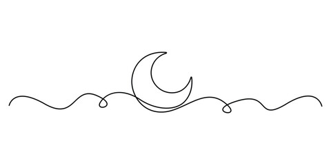Moon in one continuous line art style. Moon drawing with editable stroke on white background. Doodle vector illustration