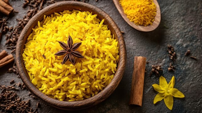 Colorful Yellow Rice Garnished with Spices on Rustic Background