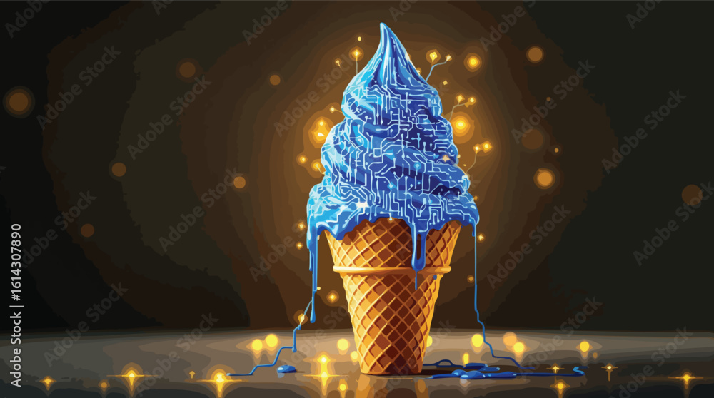 Poster digital ice cream cone decorated with blue circuit board design and technological concepts.