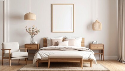 Minimalist Interior with Wooden Desk and Poster Frame. Generative Image