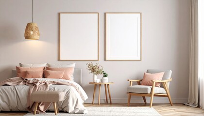 Minimalist Interior with Wooden Desk and Poster Frame. Generative Image