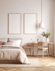 Minimalist Interior with Wooden Desk and Poster Frame. Generative Image. Generated image