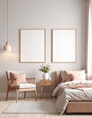 Minimalist Interior with Wooden Desk and Poster Frame. Generative Image