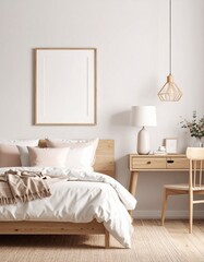 Minimalist Interior with Wooden Desk and Poster Frame. Generative Image