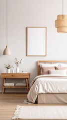 Minimalist Interior with Wooden Desk and Poster Frame. Generative Image