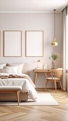 Minimalist Interior with Wooden Desk and Poster Frame. Generative Image